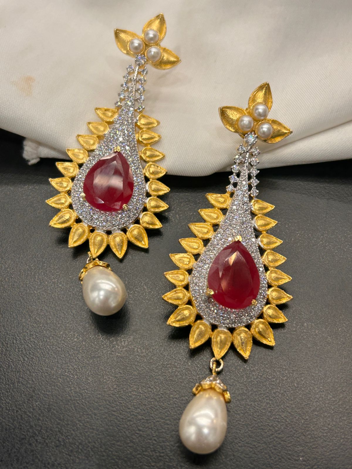 Gold Finish Ruby & Pearl Drop Earrings
